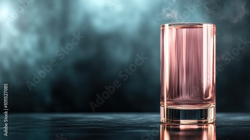 A misty tall glass filled with a pink beverage sits gracefully on a counter, set in front of an atmospheric artistic backdrop with soft colors blending in hues. photo