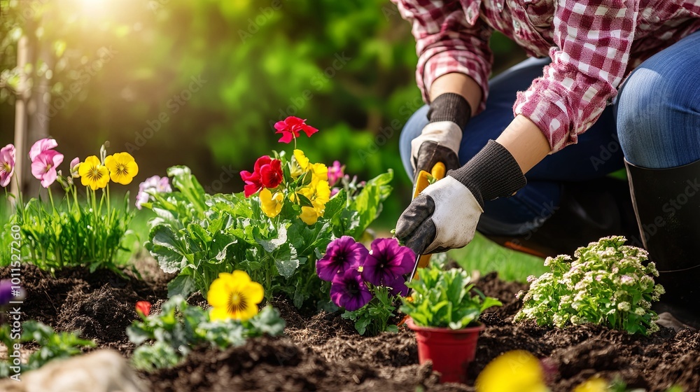 Fototapeta premium Woman planting flowers in her garden, spring season, gardening tools visible, vibrant and colorful flowers.