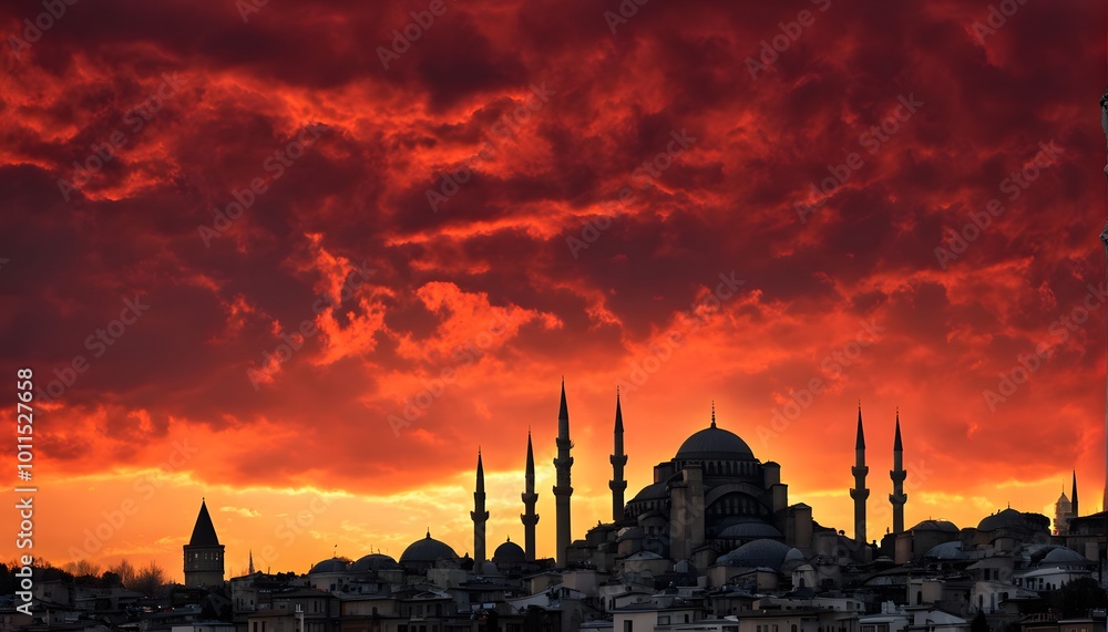 Fototapeta premium Silhouette of the istanbul skyline with the Hagia Sophia under a brilliant red and golden sky, Ai generated