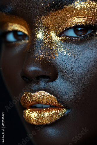 close-up of a black woman's face with golden glitter makeup and lips