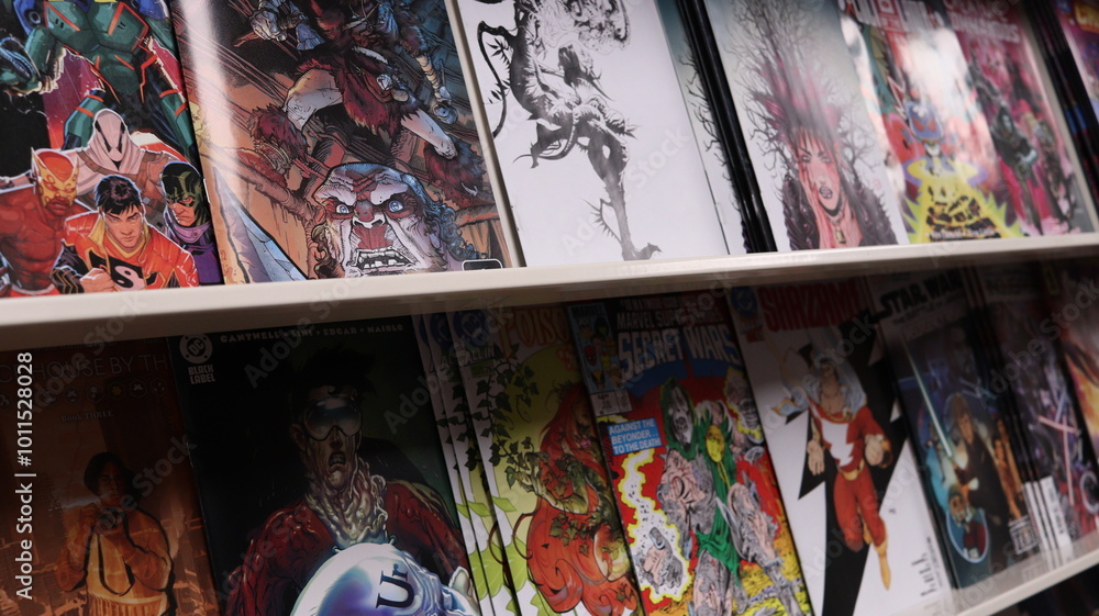 Obraz premium CARDIFF, MID GLAMORGAN, WALES UK - OCTOBER 3, 2024: COMIC BOOKS ON SHELVES DISPLAY PAPERBACKS