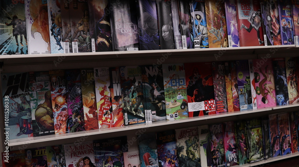Naklejka premium CARDIFF, MID GLAMORGAN, WALES UK - OCTOBER 3, 2024: COMIC BOOKS ON SHELVES DISPLAY PAPERBACKS