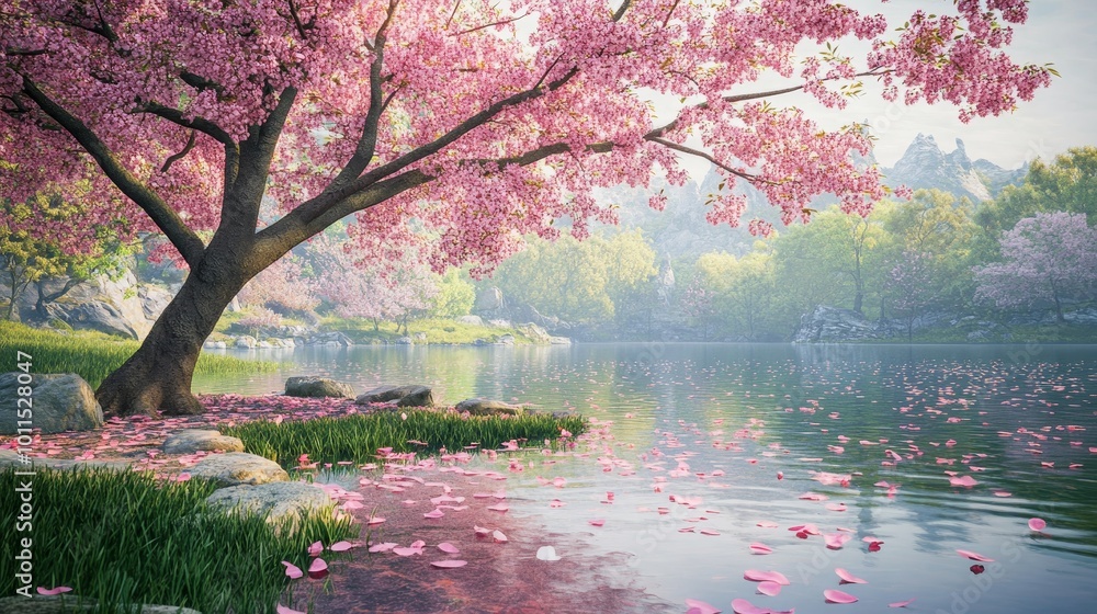 Cherry Blossom Serenity, a tranquil scene of a blooming cherry tree by a still pond, petals drifting, symbolizing beauty and renewal, peaceful harmony Cherry Blossom Serenity, a tranquil scene of a blooming cherry tree by a still pond, petals drifting, symbolizing beauty and renewal, peaceful harmony
