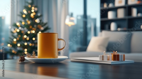 Office lounge with Christmas stockings and hot cocoa, festive holiday mood