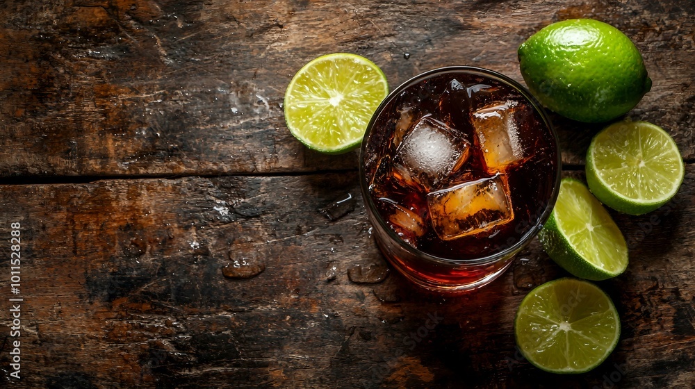 Refreshing Iced Drink with Lime Slices on Rustic Wooden Table Refreshing Iced Drink with Lime Slices on Rustic Wooden Table
