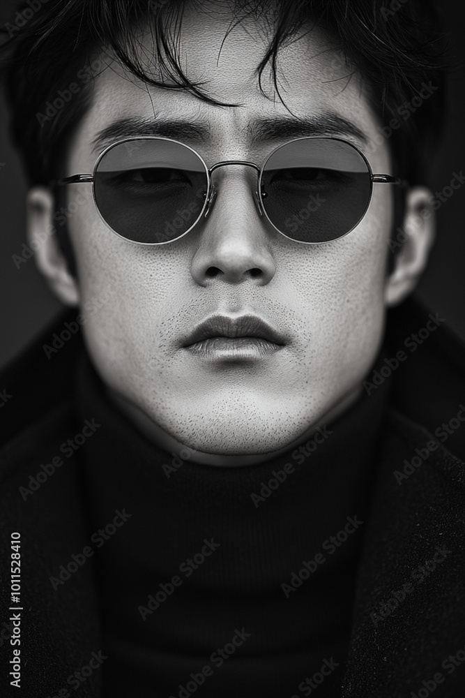 black and white portrait of a man wearing round sunglasses black and white portrait of a man wearing round sunglasses