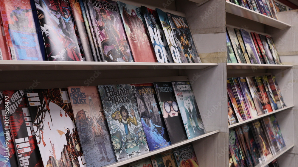 Obraz premium CARDIFF, MID GLAMORGAN, WALES UK - OCTOBER 3, 2024: COMIC BOOKS ON SHELVES DISPLAY PAPERBACKS