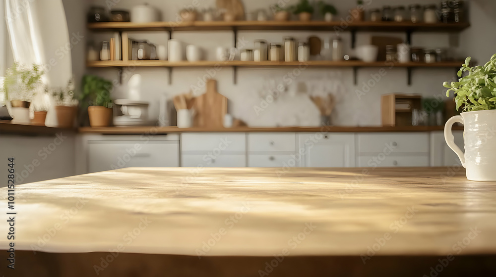 Clean Wooden Tabletop in Beautiful Kitchen Setting Clean Wooden Tabletop in Beautiful Kitchen Setting