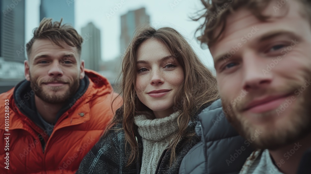 Three friends, styled in modern fashion, enjoy the lively skyline view from a city rooftop, encapsulating a moment of camaraderie and urban adventure together. Three friends, styled in modern fashion, enjoy the lively skyline view from a city rooftop, encapsulating a moment of camaraderie and urban adventure together.