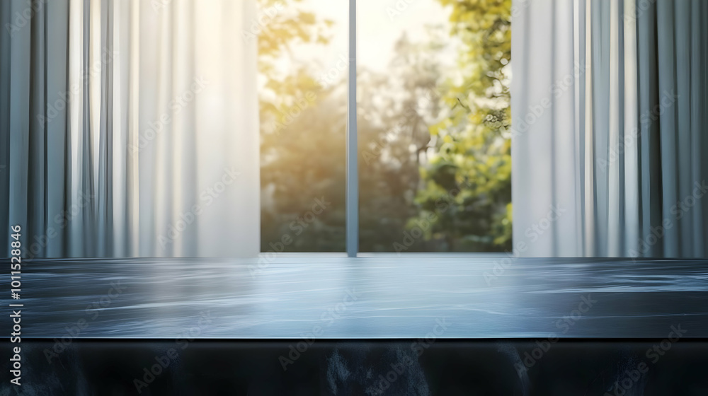 Empty Black Marble Table with Blurred Window View Empty Black Marble Table with Blurred Window View