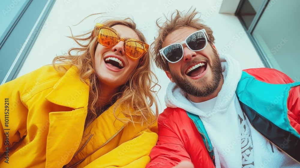 A joyful pair wearing bright yellow and red jackets with trendy sunglasses, smiling widely, capturing a fun moment outdoors on a sunny day. A joyful pair wearing bright yellow and red jackets with trendy sunglasses, smiling widely, capturing a fun moment outdoors on a sunny day.