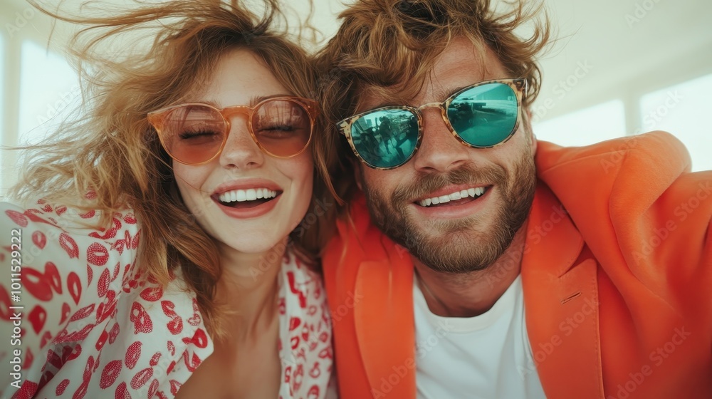 A trendy duo wearing sunglasses strikes a pose for a selfie, showcasing their stylish, confident, and cheerful attitude, set in a vibrant, carefree setting. A trendy duo wearing sunglasses strikes a pose for a selfie, showcasing their stylish, confident, and cheerful attitude, set in a vibrant, carefree setting.