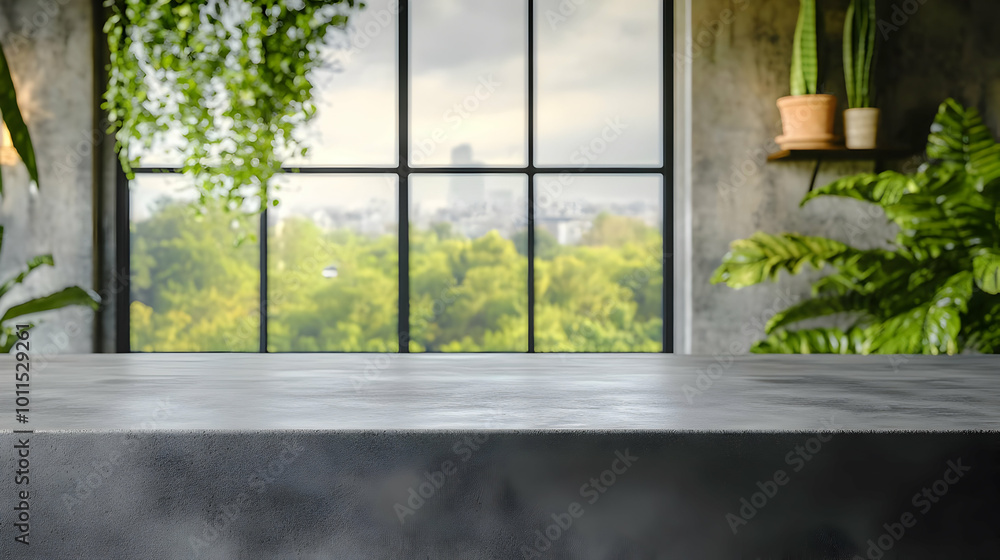 Empty Concrete Table with Blurred Window Background Empty Concrete Table with Blurred Window Background