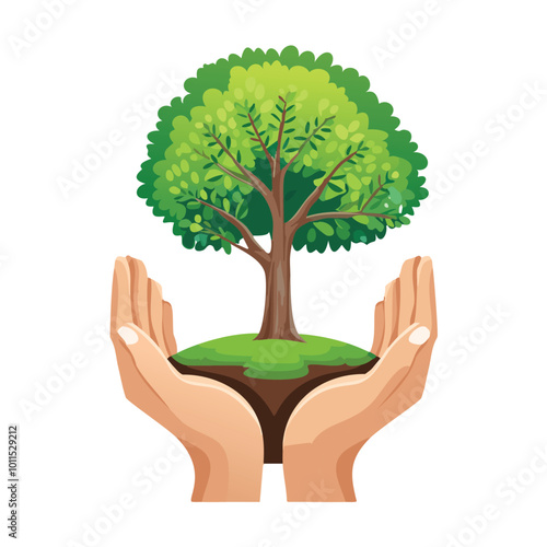 Two hands holding a tree, symbolizing care for nature.