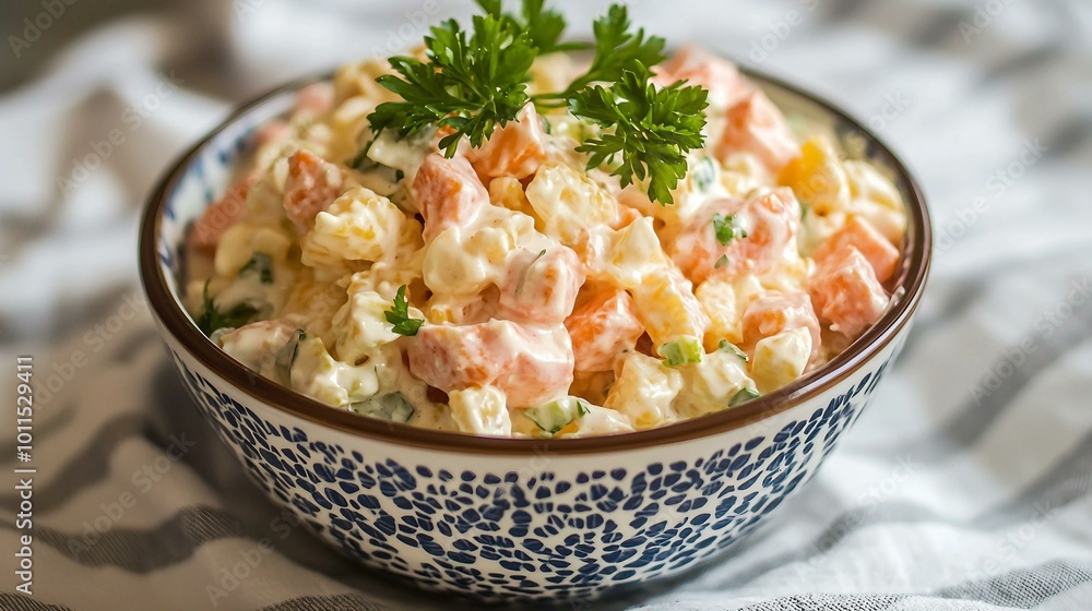 Creamy Potato Salad with Fresh Herbs in a Decorative Bowl Creamy Potato Salad with Fresh Herbs in a Decorative Bowl