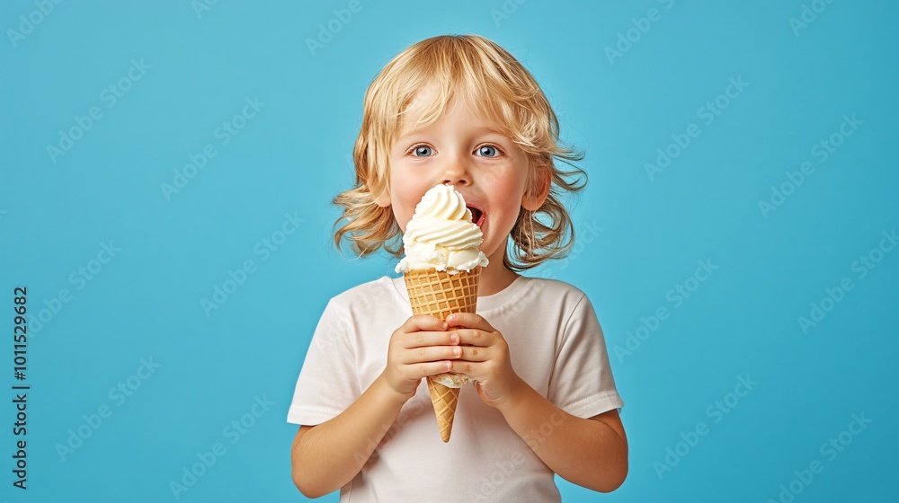 Cheerful kid eating ice cream in waffle cone isolated on blue Cheerful kid eating ice cream in waffle cone isolated on blue