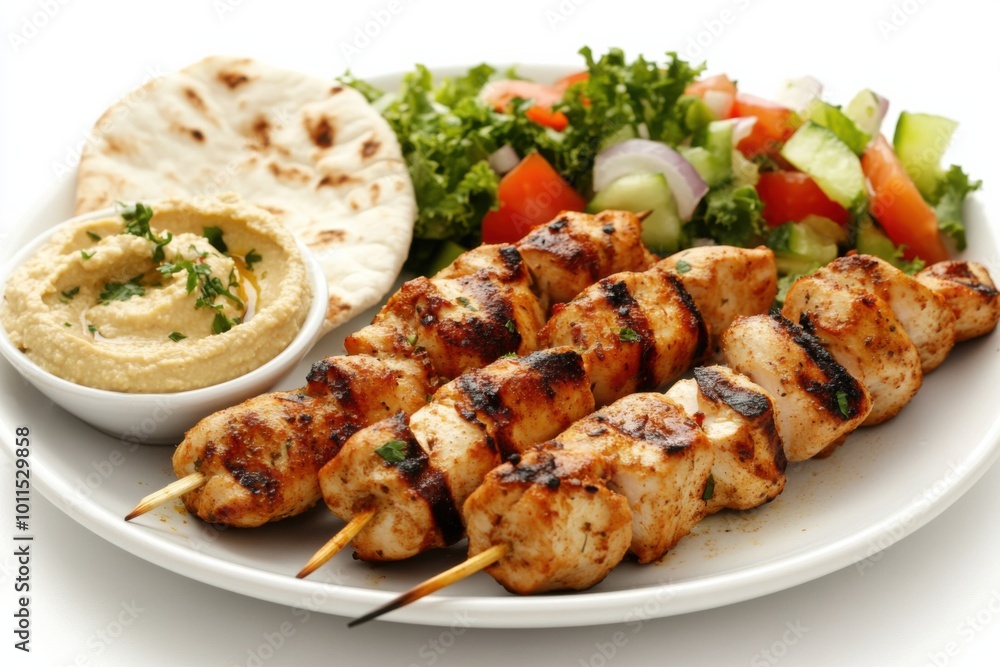 A plate of chicken kebabs served with fresh pita bread, hummus, and a side of salad, the kebabs perfectly charred and juicy, set on a white background A plate of chicken kebabs served with fresh pita bread, hummus, and a side of salad, the kebabs perfectly charred and juicy, set on a white background
