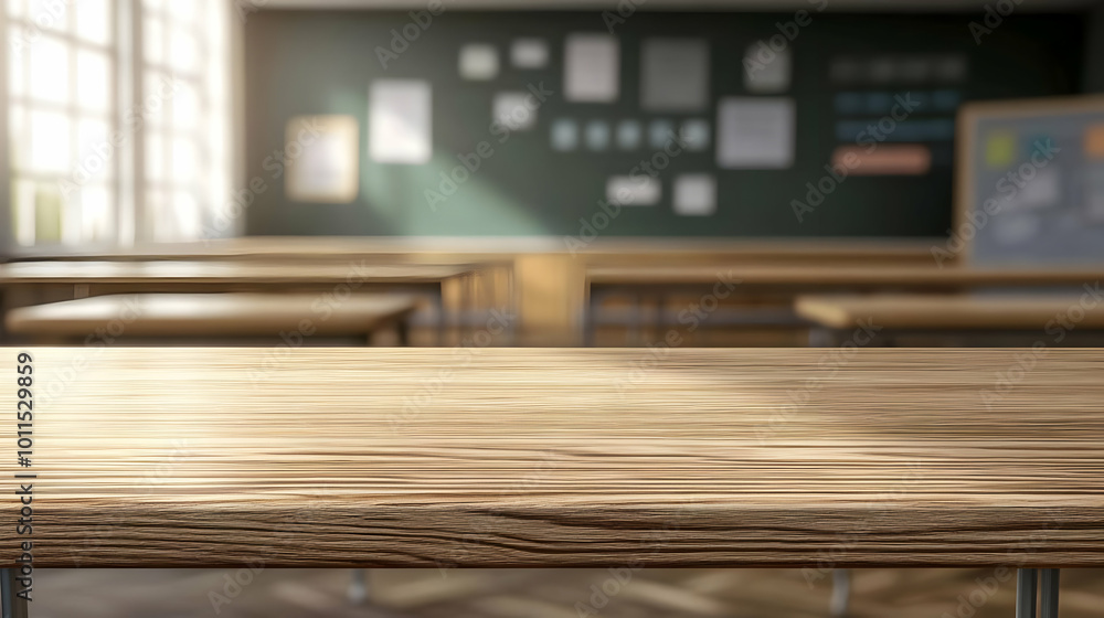 Empty Wooden Table in a Classroom Setting Empty Wooden Table in a Classroom Setting