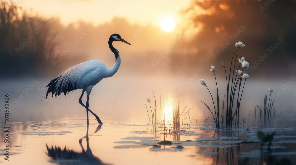 Fototapeta premium Graceful crane poised in tranquil pond at dawn, symbolizing balance and longevity, embodying feng shui principles