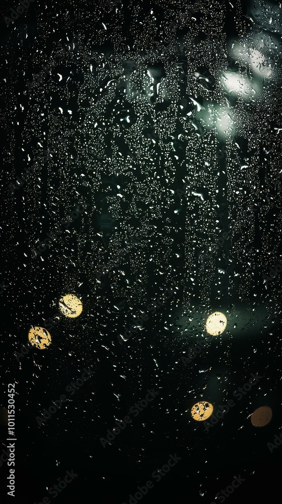 Obraz premium CloseUp of Water Droplets on Glass with Blurred City Lights in a Moody Urban Rainfall Scene