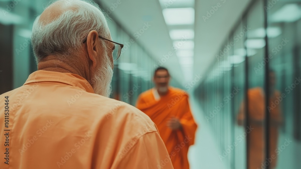 An elderly man and a monk dressed in orange robes walk through a tranquil corridor, symbolizing wisdom, peace, and the spiritual journey in a minimalist environment. An elderly man and a monk dressed in orange robes walk through a tranquil corridor, symbolizing wisdom, peace, and the spiritual journey in a minimalist environment.