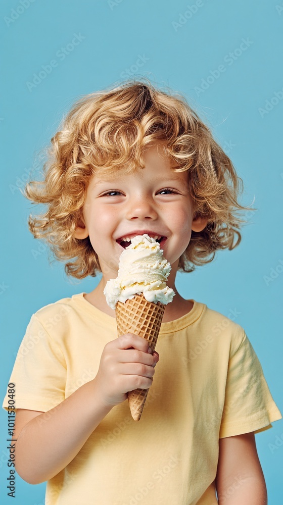 Cheerful kid eating ice cream in waffle cone isolated on blue Cheerful kid eating ice cream in waffle cone isolated on blue