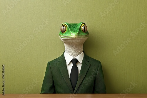 Frog in a suit, set against a green background photo