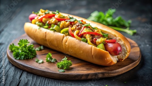 Medium shot of a fusion gourmet hotdog with exotic flavors and stylish presentation