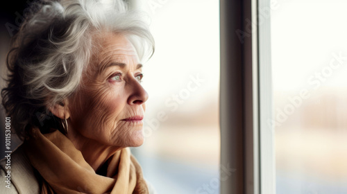 An elderly woman with gray hair looking into the distance through the window