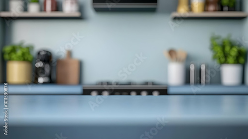 Minimalist Blue Kitchen Counter with Blurred Background