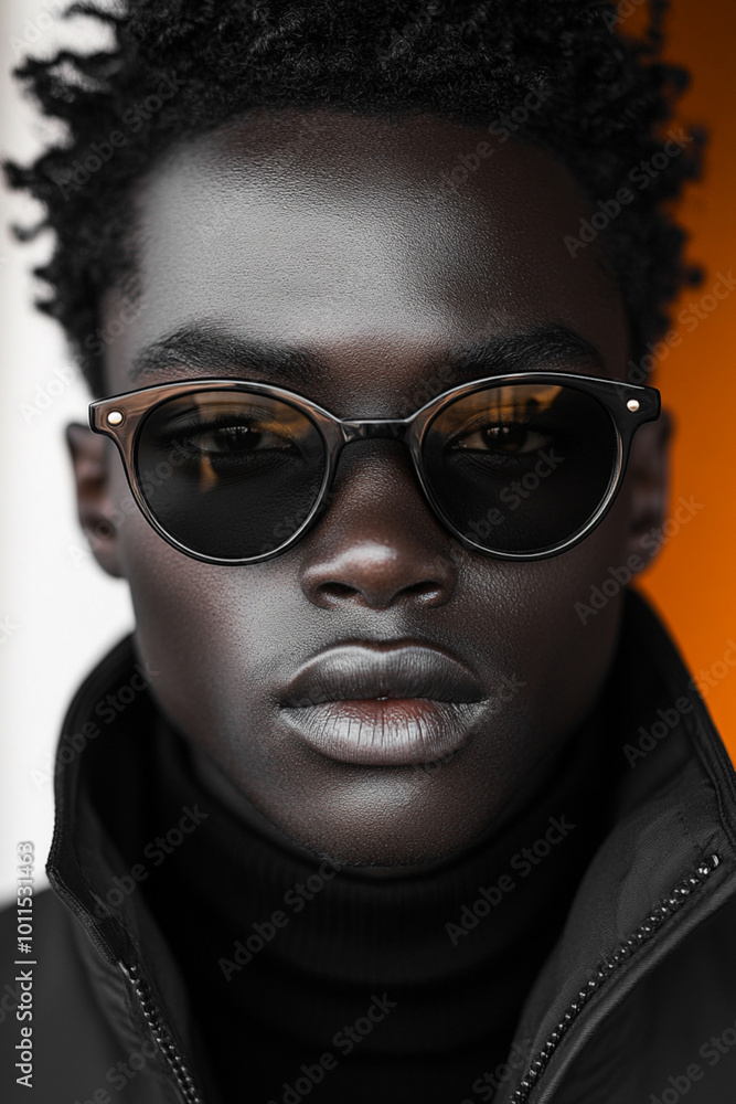 stylish black man wearing sunglasses in black jacket with orange background stylish black man wearing sunglasses in black jacket with orange background