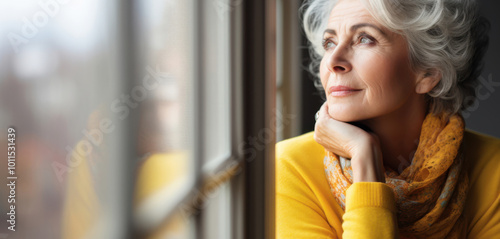 An elderly woman with gray hair looking into the distance through the window