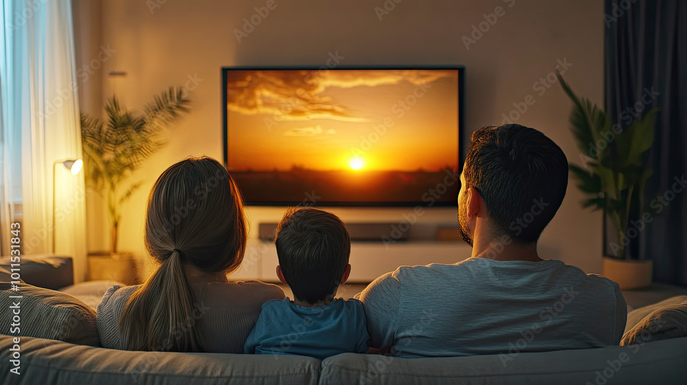 Family enjoying a cozy evening together watching a beautiful sunset on TV in their living room Family enjoying a cozy evening together watching a beautiful sunset on TV in their living room