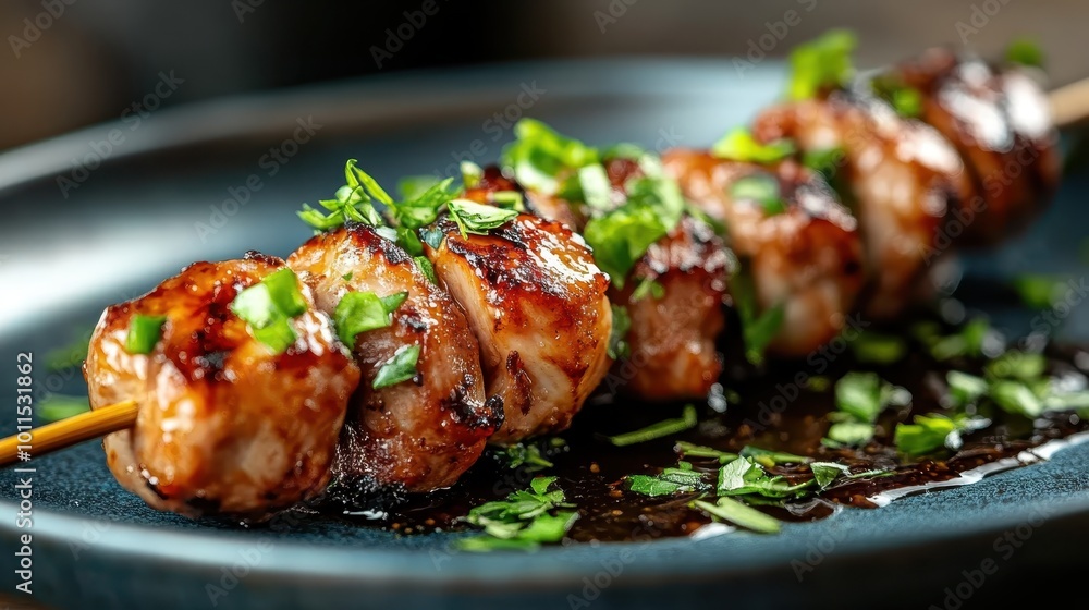 A succulent chicken skewer, beautifully grilled, topped with a fresh herb garnish on a dark plate, highlighting a savory and vibrant presentation ideal for food lovers. A succulent chicken skewer, beautifully grilled, topped with a fresh herb garnish on a dark plate, highlighting a savory and vibrant presentation ideal for food lovers.