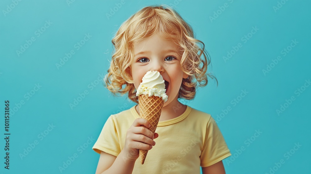 Cheerful kid eating ice cream in waffle cone isolated on blue Cheerful kid eating ice cream in waffle cone isolated on blue