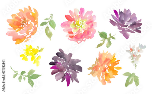 Fotografía Watercolor-painted abstract dahlia vector illustration set for background and patterns