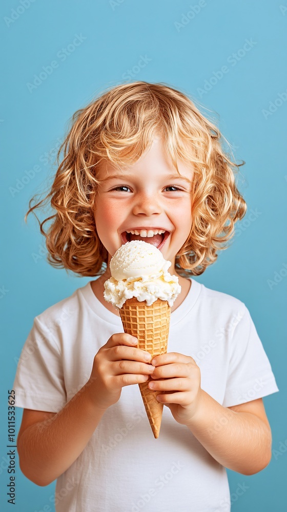 Cheerful kid eating ice cream in waffle cone isolated on blue Cheerful kid eating ice cream in waffle cone isolated on blue