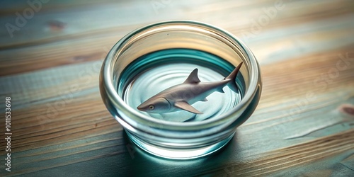 Miniature shark swimming in glass jar filled with water photo