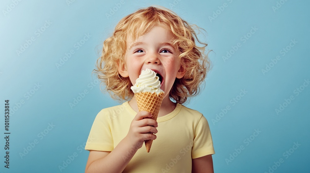 Cheerful kid eating ice cream in waffle cone isolated on blue Cheerful kid eating ice cream in waffle cone isolated on blue
