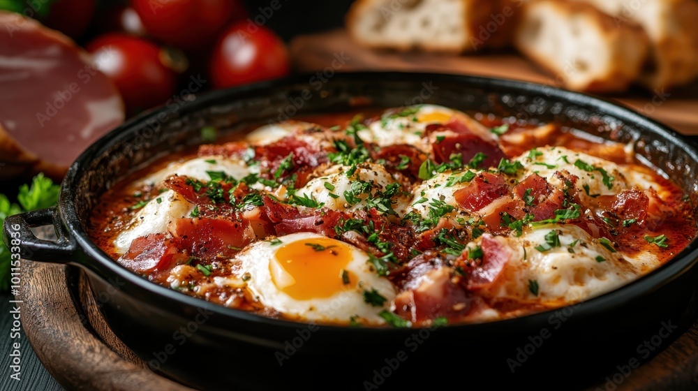 A pan of delicious Shakshuka, showcasing a blend of poached eggs and tomatoes, topped with fresh herbs, representing a fusion of rich flavors and colorful presentation. A pan of delicious Shakshuka, showcasing a blend of poached eggs and tomatoes, topped with fresh herbs, representing a fusion of rich flavors and colorful presentation.