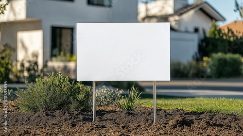 Yard sign mockup (No art) with long stainless steel holders on the soil, front view