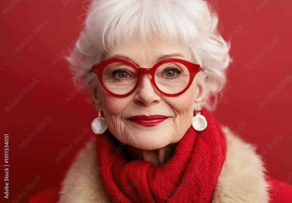 An elderly woman in red glasses and a white fur coat poses for the camera, with bold makeup and bright lipstick, against a dark crimson background, dressed as Santa Claus An elderly woman in red glasses and a white fur coat poses for the camera, with bold makeup and bright lipstick, against a dark crimson background, dressed as Santa Claus