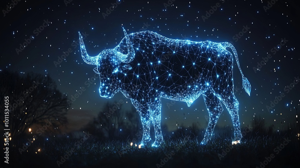A bull formed of bright, glowing lines stands out in the dark nightscape, illustrating a fusion of technology and nature against a cosmic obstruction. A bull formed of bright, glowing lines stands out in the dark nightscape, illustrating a fusion of technology and nature against a cosmic obstruction.
