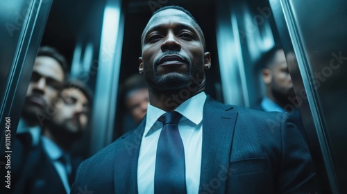 A poised businessman stands confidently in an elevator among colleagues, exuding professionalism and leadership in a corporate environment with ambient lighting. photo