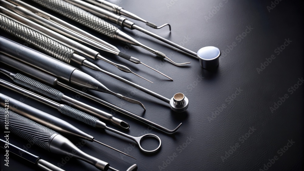 A variety of shiny, stainless steel dental instruments are arranged on a black background, showcasing the precision and detail of these medical tools. A variety of shiny, stainless steel dental instruments are arranged on a black background, showcasing the precision and detail of these medical tools.