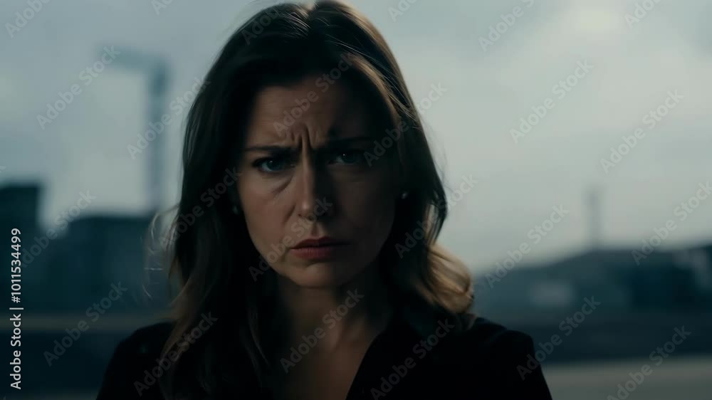 Pensive woman in urban setting with moody sky background Pensive woman in urban setting with moody sky background