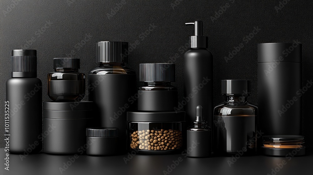 A collection of sleek black cosmetic and skincare containers. A collection of sleek black cosmetic and skincare containers.