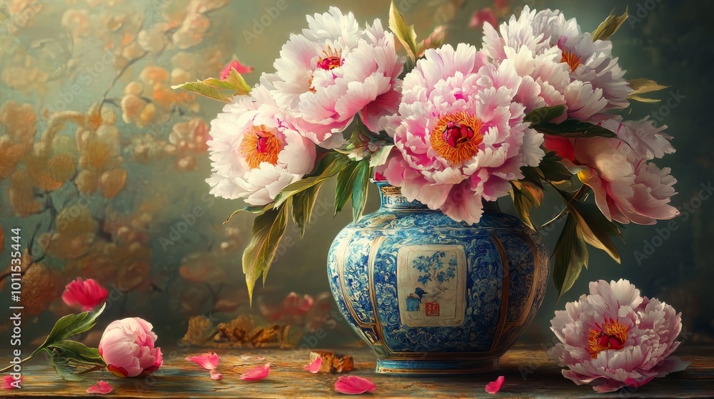 Peony Elegance in a Chinese Vase with Prosperity Symbols, Rich floral arrangement enhances serene Feng Shui ambiance, vibrant colors, cultural harmony Peony Elegance in a Chinese Vase with Prosperity Symbols, Rich floral arrangement enhances serene Feng Shui ambiance, vibrant colors, cultural harmony