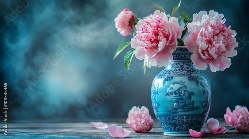 Fototapeta Naklejka Na Ścianę i Meble -  Elegant peonies in a traditional Chinese vase, adorned with Feng Shui symbols, embodying prosperity and harmony in home decor