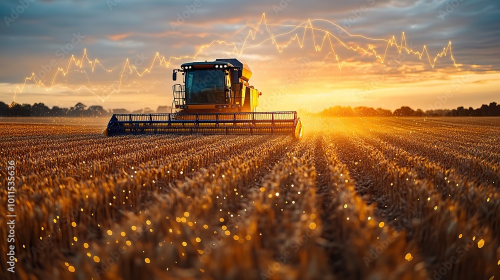 Fototapeta premium a combine harvester in wheat field with rising stock market graphs symbolizing increasing wheat prices